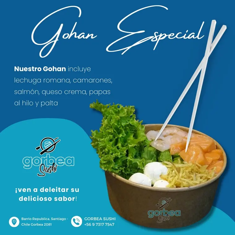 Bowl gohan especial con lechuga, salmón, camarón y palta